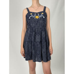 Mata Traders Navy Blue Plaid Mini Dress | Embroidered Floral Square Neck Boho